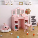 Table de toilette 2-en-1, ensemble table et chaise de coiffeuse pour enfants, coiffeuse en bois pour princesse, table de maquillage de jeu de rôle pour princesse