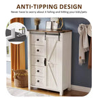 Commode haute moderne de style ferme à 5 tiroirs avec porte coulissante de style grange, organisateur de rangement pour chambre à coucher, salon et chambre d'enfant.