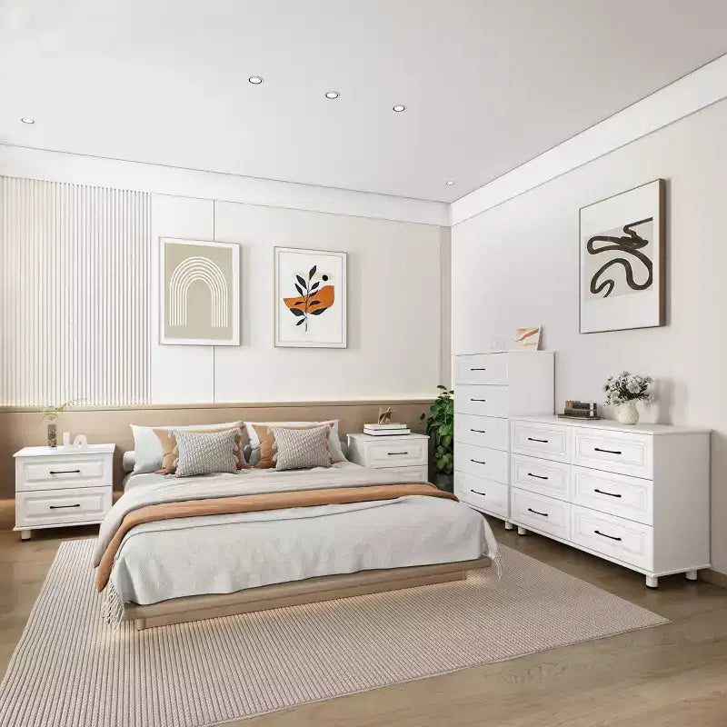 Commode blanche Sandinrayli pour chambre à coucher, commode large à 6 tiroirs, table de chevet moderne, commodes en bois avec poignées en acier, blanc