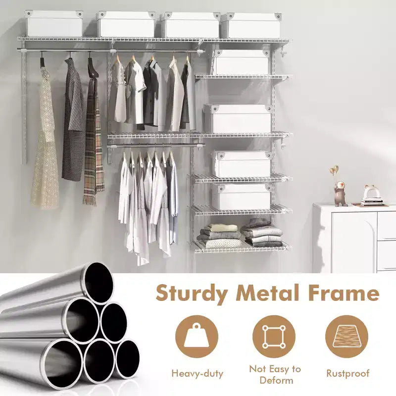 Kit organisateur de placard Costway personnalisé 1,2 à 1,8 m Système de placard mural avec tringle Blanc/Gris