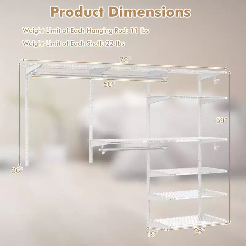 Kit organisateur de placard Costway personnalisé 1,2 à 1,8 m Système de placard mural avec tringle Blanc/Gris