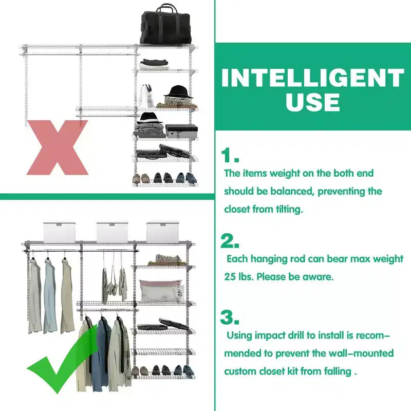 Kit organisateur de placard Costway personnalisé 1,2 à 1,8 m Système de placard mural avec tringle Blanc/Gris