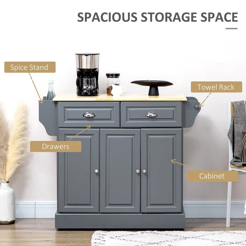 Îlot de cuisine avec rangement, Chariot de service de cuisine roulant avec plateau en bois de caoutchouc, Tiroir de rangement et placard