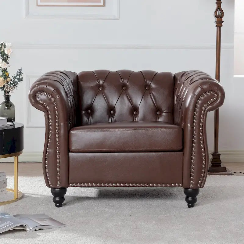 Fauteuil d'appoint capitonné en similicuir marron foncé pour 1 personne