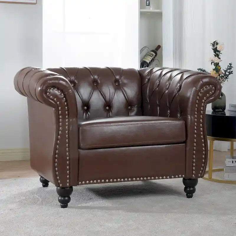 Fauteuil d'appoint capitonné en similicuir marron foncé pour 1 personne