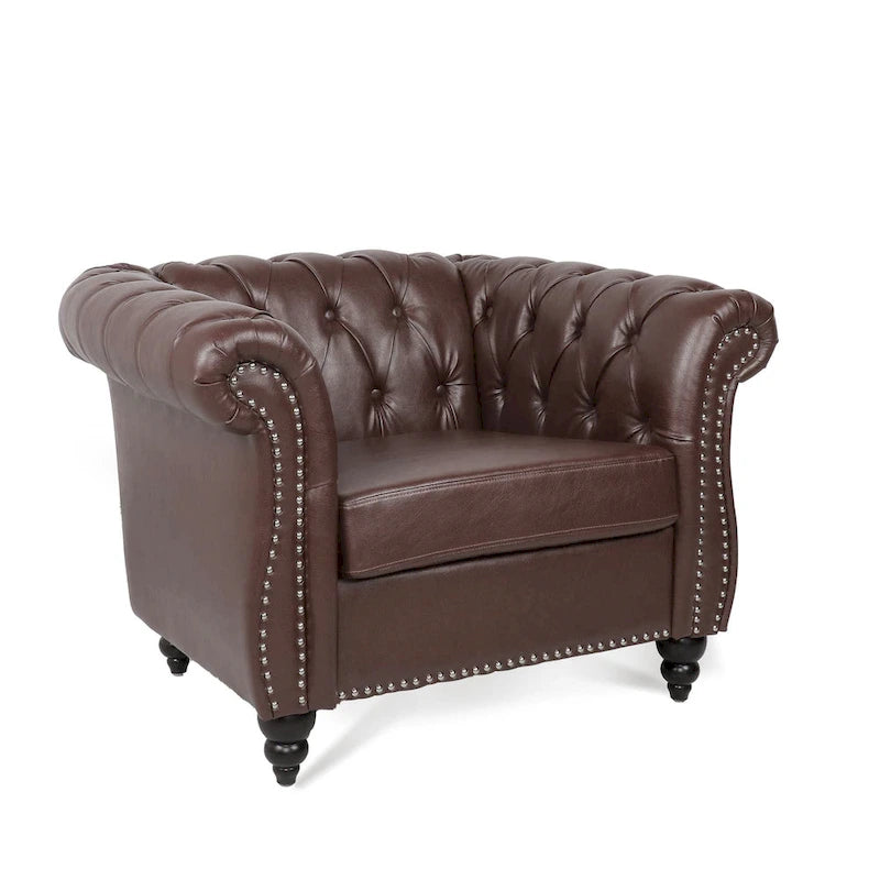 Fauteuil d'appoint capitonné en similicuir marron foncé pour 1 personne