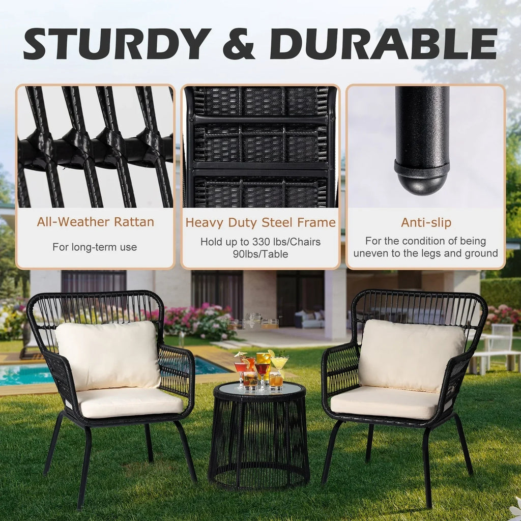 Ensemble bistrot 3 pièces en osier pour conversation, salon de jardin en rotin résistant aux intempéries avec coussins