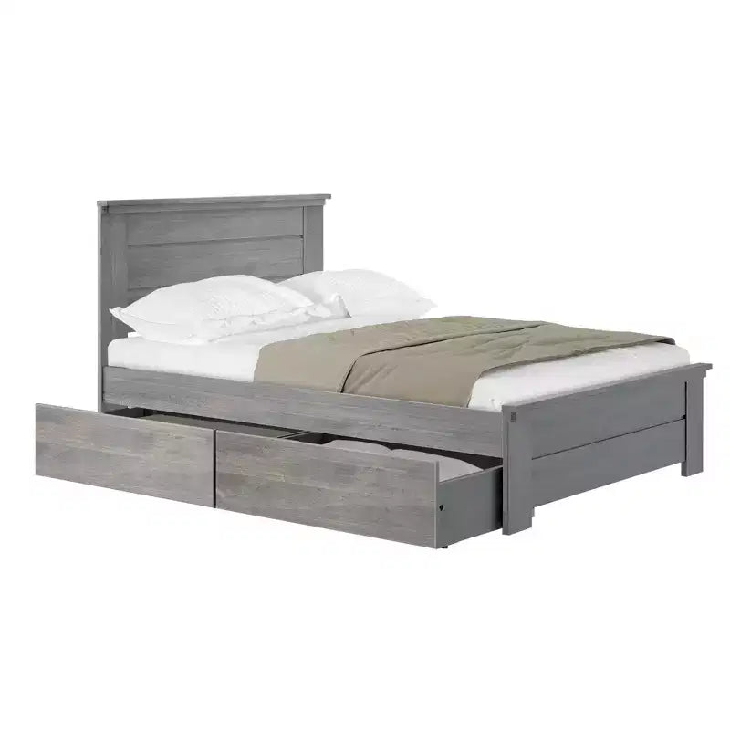 Lit Plateforme Complet de Ferme en Bois Massif Plank+Beam avec Cadre et Tête de Lit à Panneaux et Tiroirs de Rangement