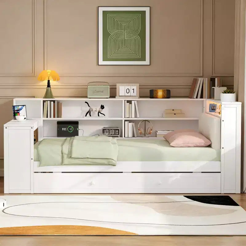 Lit plateforme double en bois Luxystar avec tête de lit capitonnée, 8 étagères de rangement, lit gigogne et bureau