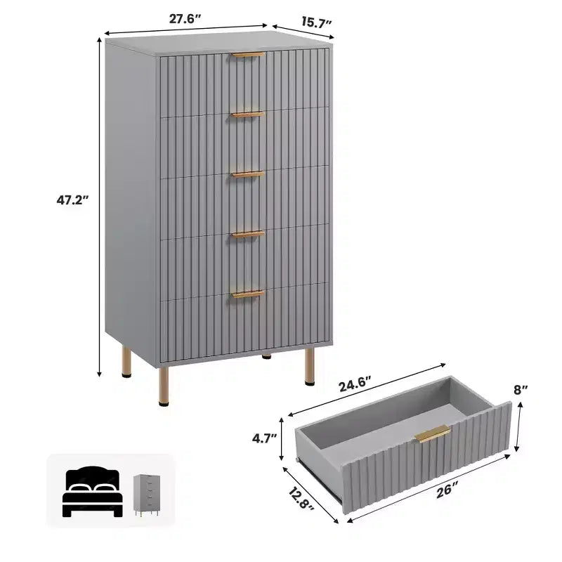 Commode moderne en bois de 122 cm de haut avec 5 tiroirs cannelés profonds et un large plateau pour chambre à coucher, salon, couloir, chambre d'enfant