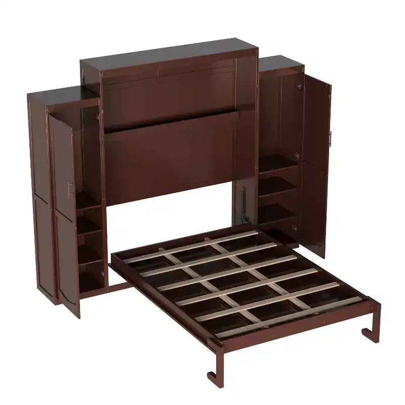 Lit escamotable MAYEERTY Queen Size avec 2 armoires et étagère de rangement, Cadre de lit multifonctionnel pliable pour chambre à coucher, Noyer