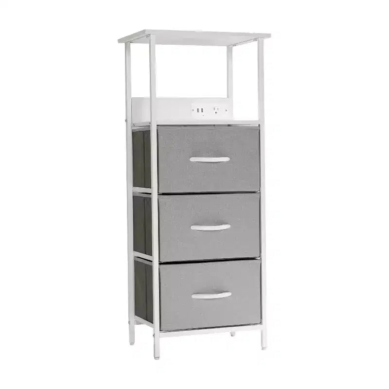 Table de chevet Emma et Oliver avec 3 tiroirs en tissu, station de charge avec 2 ports USB/prise de courant, dessus en bois composite, poignées en bois, cadre en métal