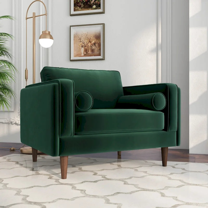 Fauteuil Flavia Mid-Century Modern en velours avec coussin de dossier