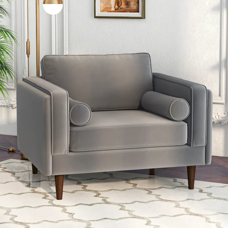 Fauteuil Flavia Mid-Century Modern en velours avec coussin de dossier