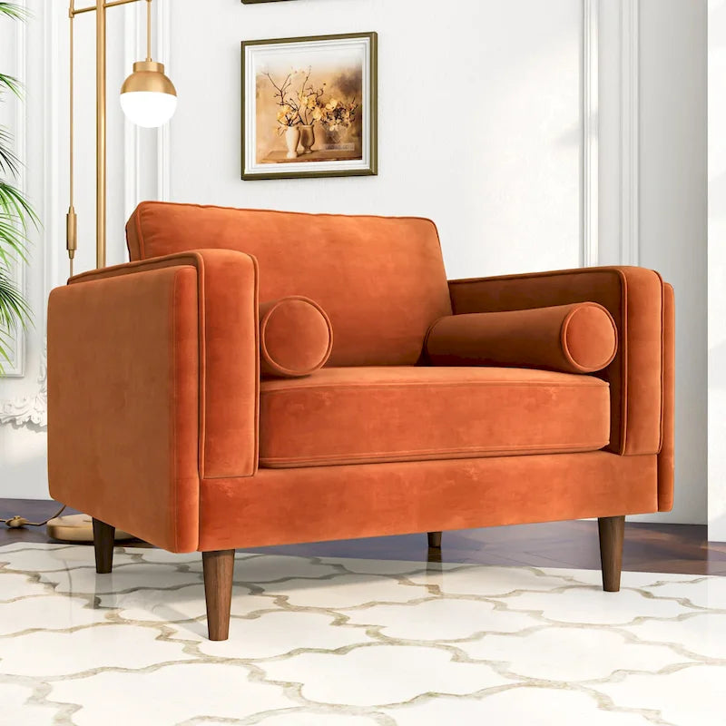 Fauteuil Flavia Mid-Century Modern en velours avec coussin de dossier
