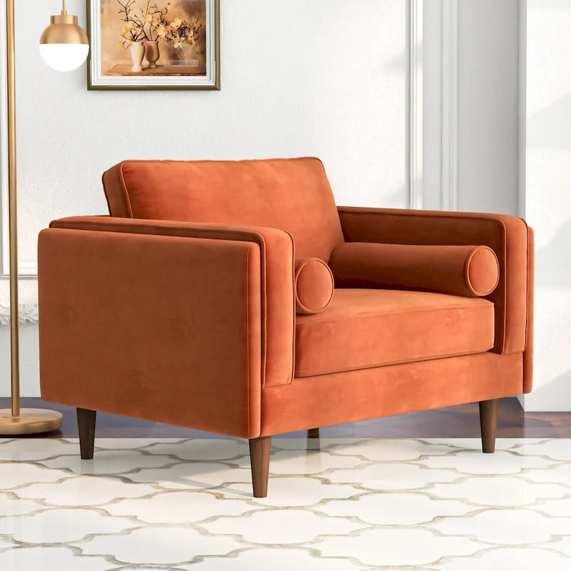 Fauteuil Flavia Mid-Century Modern en velours avec coussin de dossier
