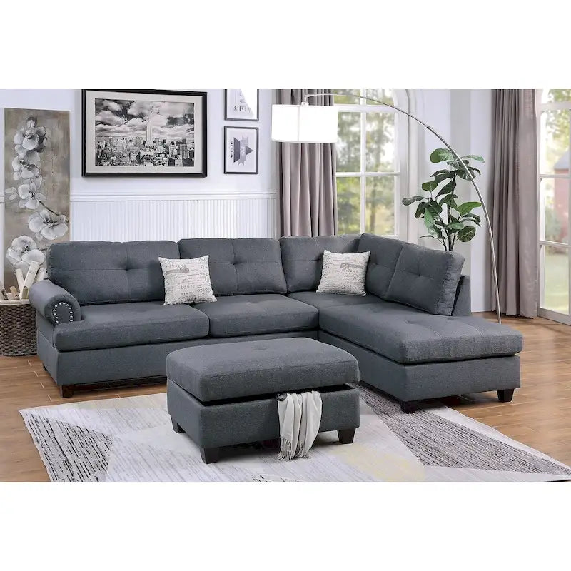 Ensemble de canapé d'angle en tissu 3 pièces Poundex avec pouf de rangement