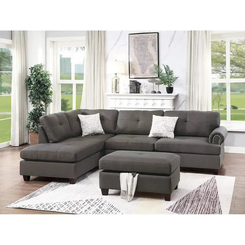 Ensemble de canapé d'angle en tissu 3 pièces Poundex avec pouf de rangement