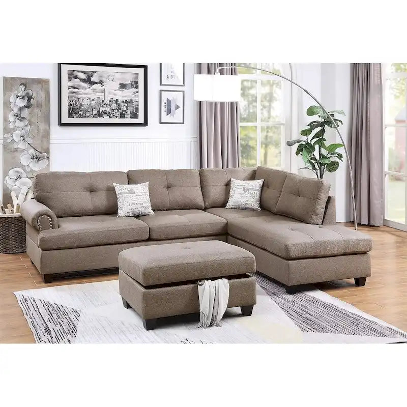 Ensemble de canapé d'angle en tissu 3 pièces Poundex avec pouf de rangement