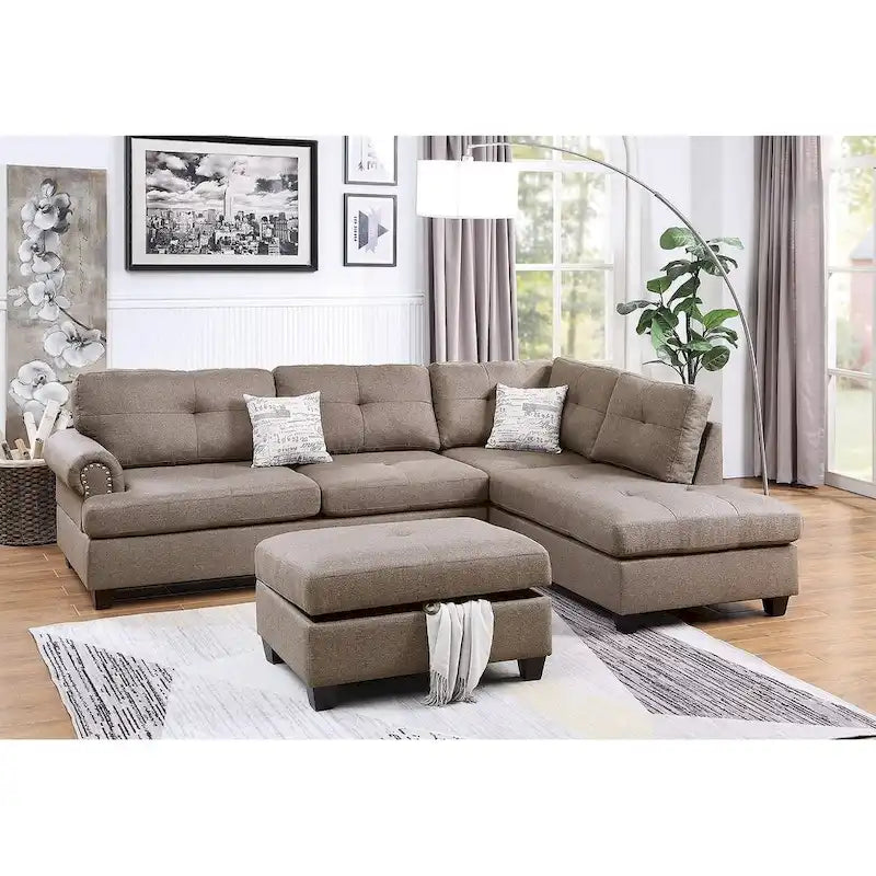 Ensemble de canapé d'angle en tissu 3 pièces Poundex avec pouf de rangement