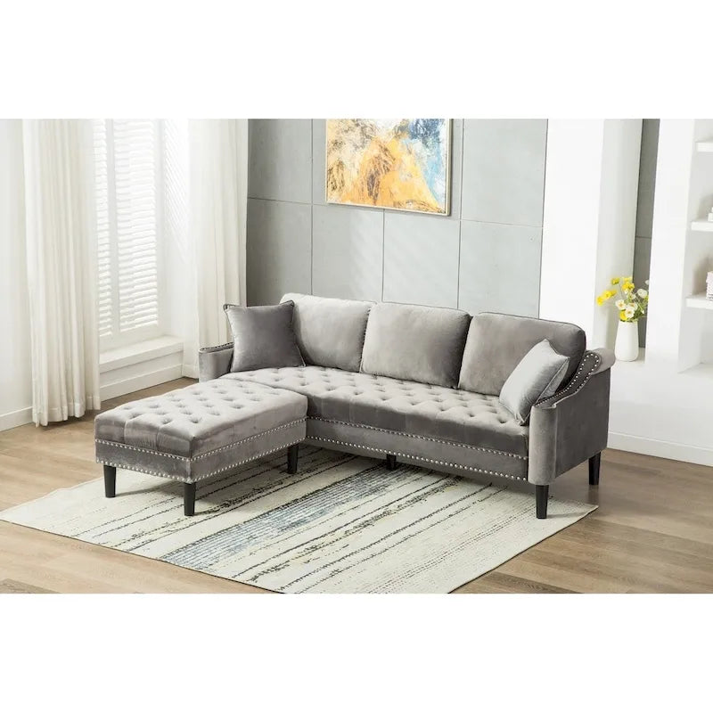 Canapé moderne capitonné en tissu avec pouf
