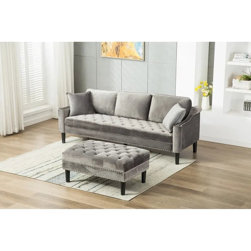 Canapé moderne capitonné en tissu avec pouf
