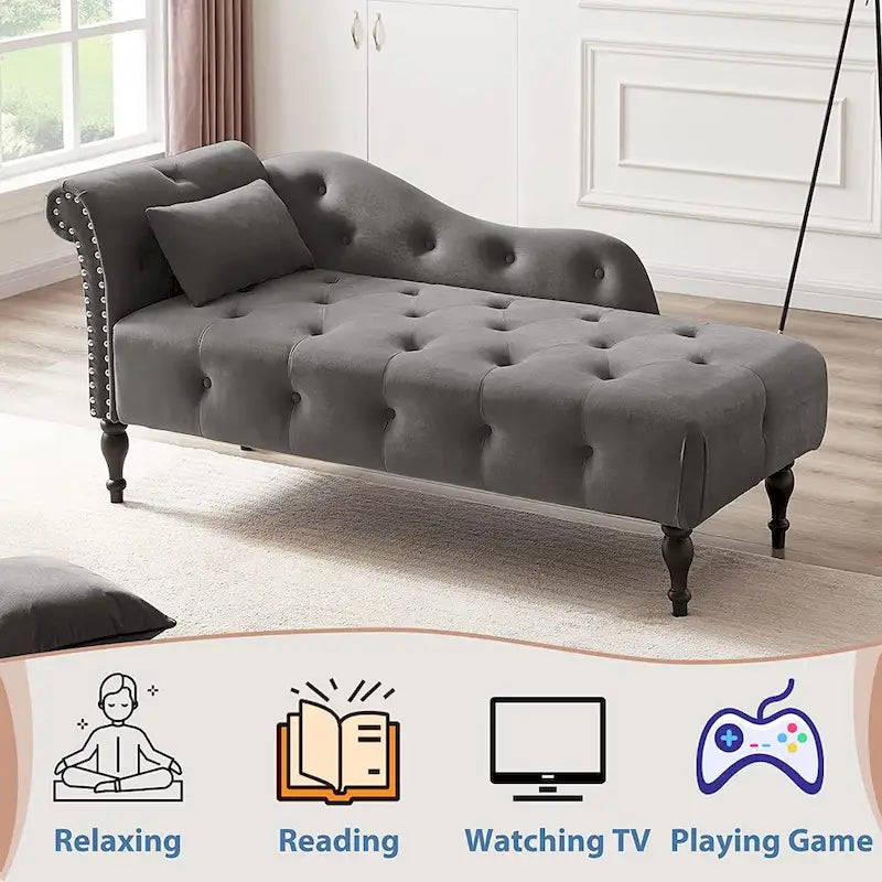 Chaise longue en velours 61 po avec 1 oreiller et garniture cloutée