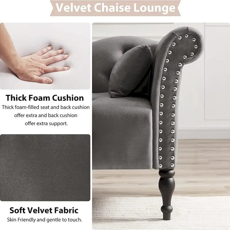 Chaise longue en velours 61 po avec 1 oreiller et garniture cloutée
