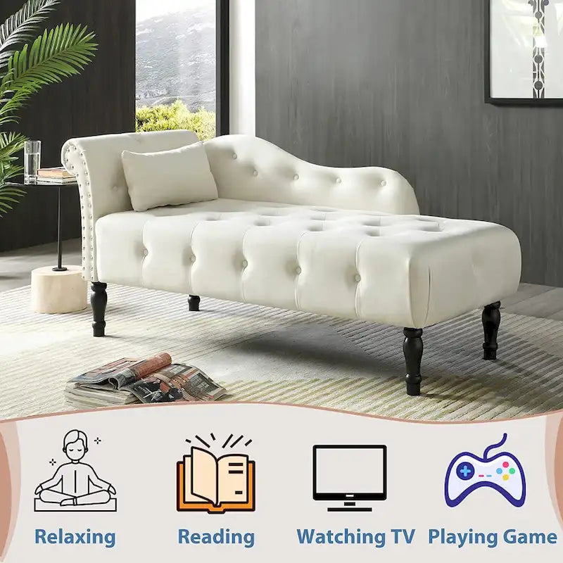 Chaise longue en velours 61 po avec 1 oreiller et garniture cloutée