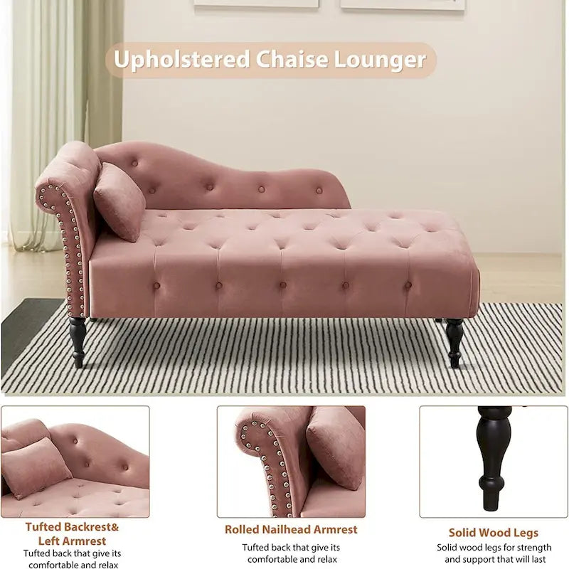 Chaise longue en velours 61 po avec 1 oreiller et garniture cloutée