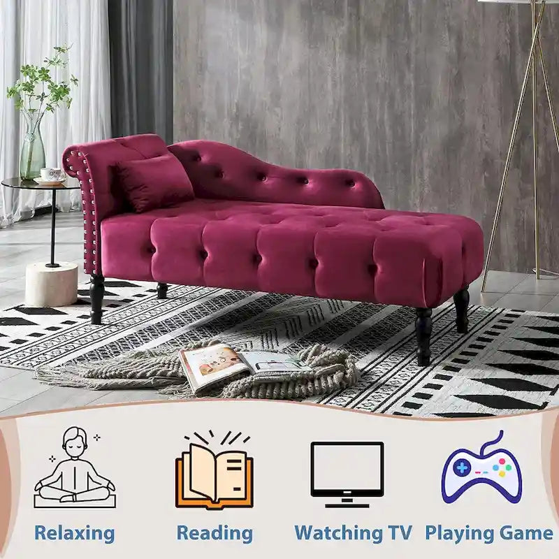 Chaise longue en velours 61 po avec 1 oreiller et garniture cloutée