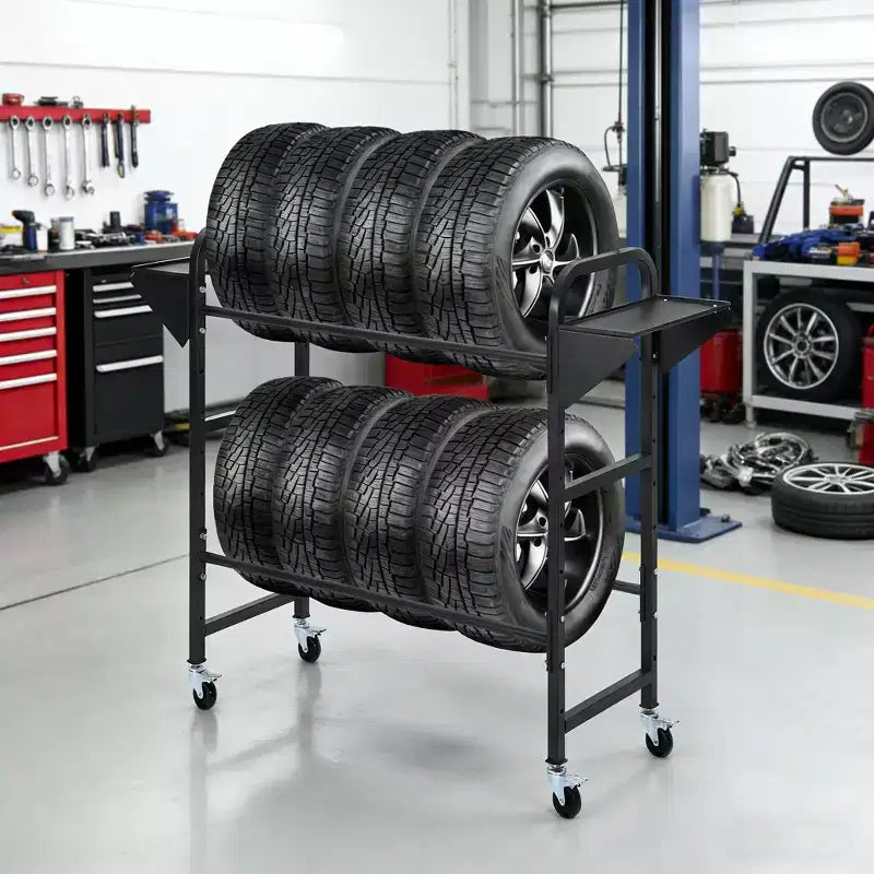 Support à pneus, capacité de 227 kg, support de rangement de pneus roulant réglable avec 2 étagères et 4 roulettes pivotantes pour garage, pneus de VUS et de camions, noir