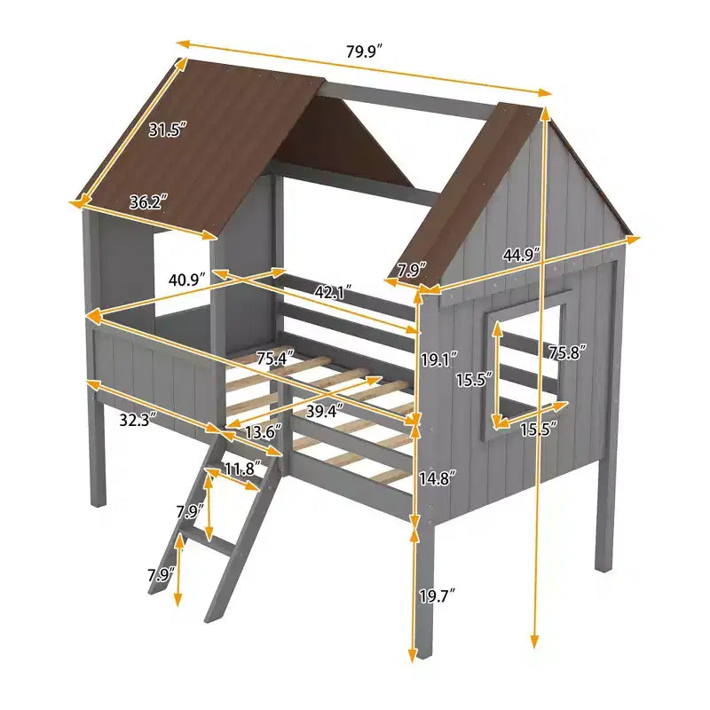 Lit cabane mezzanine en bois pour enfant, format simple, avec deux fenêtres latérales, 4L - ModernLuxe