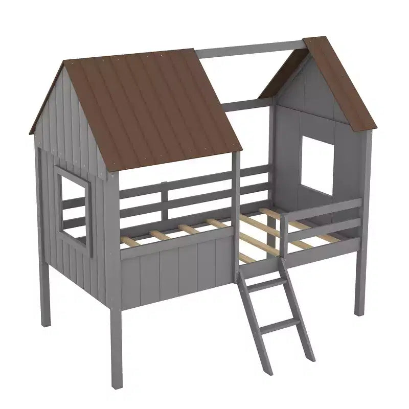 Lit cabane mezzanine en bois pour enfant, format simple, avec deux fenêtres latérales, 4L - ModernLuxe