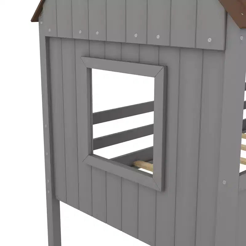Lit cabane mezzanine en bois pour enfant, format simple, avec deux fenêtres latérales, 4L - ModernLuxe