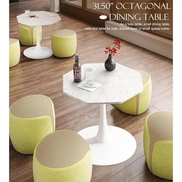 Table à manger octogonale style minimaliste moderne 31,5 pouces avec plateau en MDF et base piédestal en métal, petite table de bar tulipe