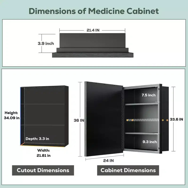 Keonjinn Armoire à pharmacie encastrable/à montage en surface rectangulaire à cadre métallique de 61 cm (24 po) de largeur x 91,4 cm (36 po) de hauteur avec miroir