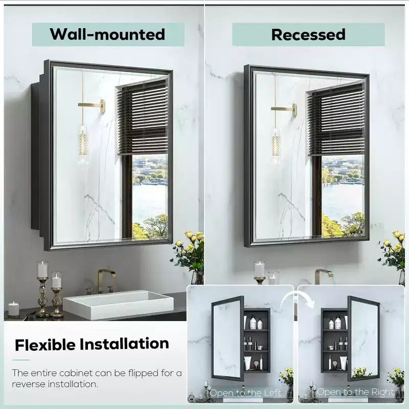Keonjinn Armoire à pharmacie encastrable/à montage en surface rectangulaire à cadre métallique de 61 cm (24 po) de largeur x 91,4 cm (36 po) de hauteur avec miroir