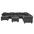 Canapé d'angle en lin 7 places en forme de U, grand canapé d'angle avec accoudoirs roulés de 132 cm et pouf - Morden Fort