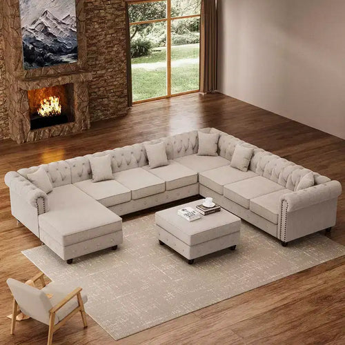 7 seater Linen U Shape Sectional Sofa 132 Large Rolled Arms Corner Couch with Ottoman-Morden Fort