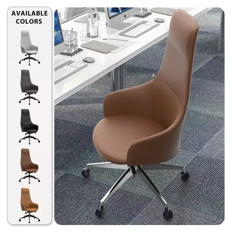 Chaise de bureau pivotante et inclinable en cuir à dossier haut avec appuie-tête LeisureMod Celeste – Chaise de bureau de direction moderne en fer