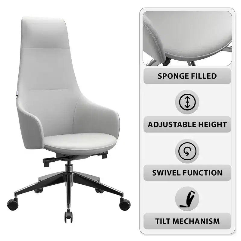 Chaise de bureau pivotante et inclinable en cuir à dossier haut avec appuie-tête LeisureMod Celeste – Chaise de bureau de direction moderne en fer