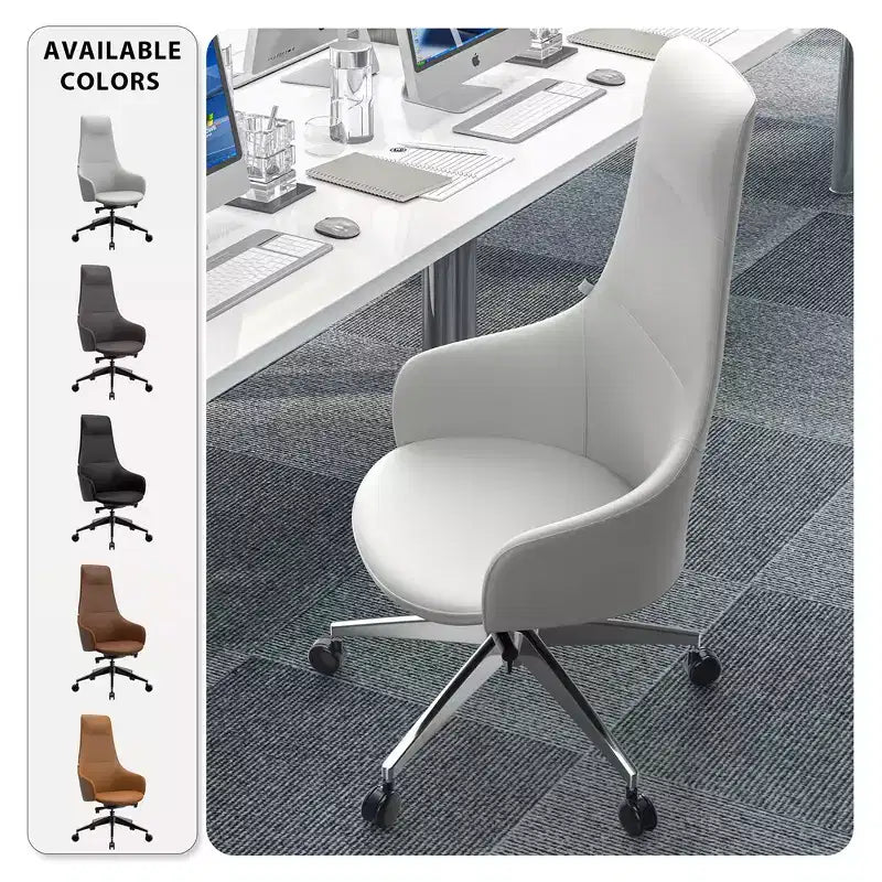 Chaise de bureau pivotante et inclinable en cuir à dossier haut avec appuie-tête LeisureMod Celeste – Chaise de bureau de direction moderne en fer