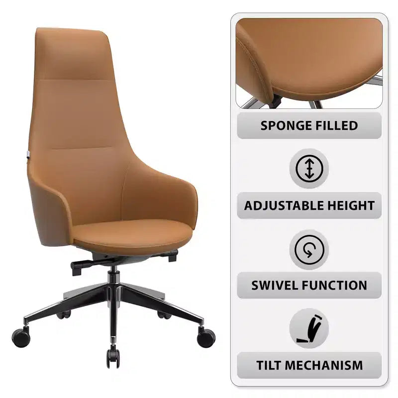 Chaise de bureau pivotante et inclinable en cuir à dossier haut avec appuie-tête LeisureMod Celeste – Chaise de bureau de direction moderne en fer