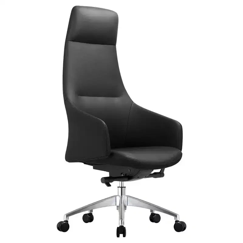 Chaise de bureau pivotante et inclinable en cuir à dossier haut avec appuie-tête LeisureMod Celeste – Chaise de bureau de direction moderne en fer