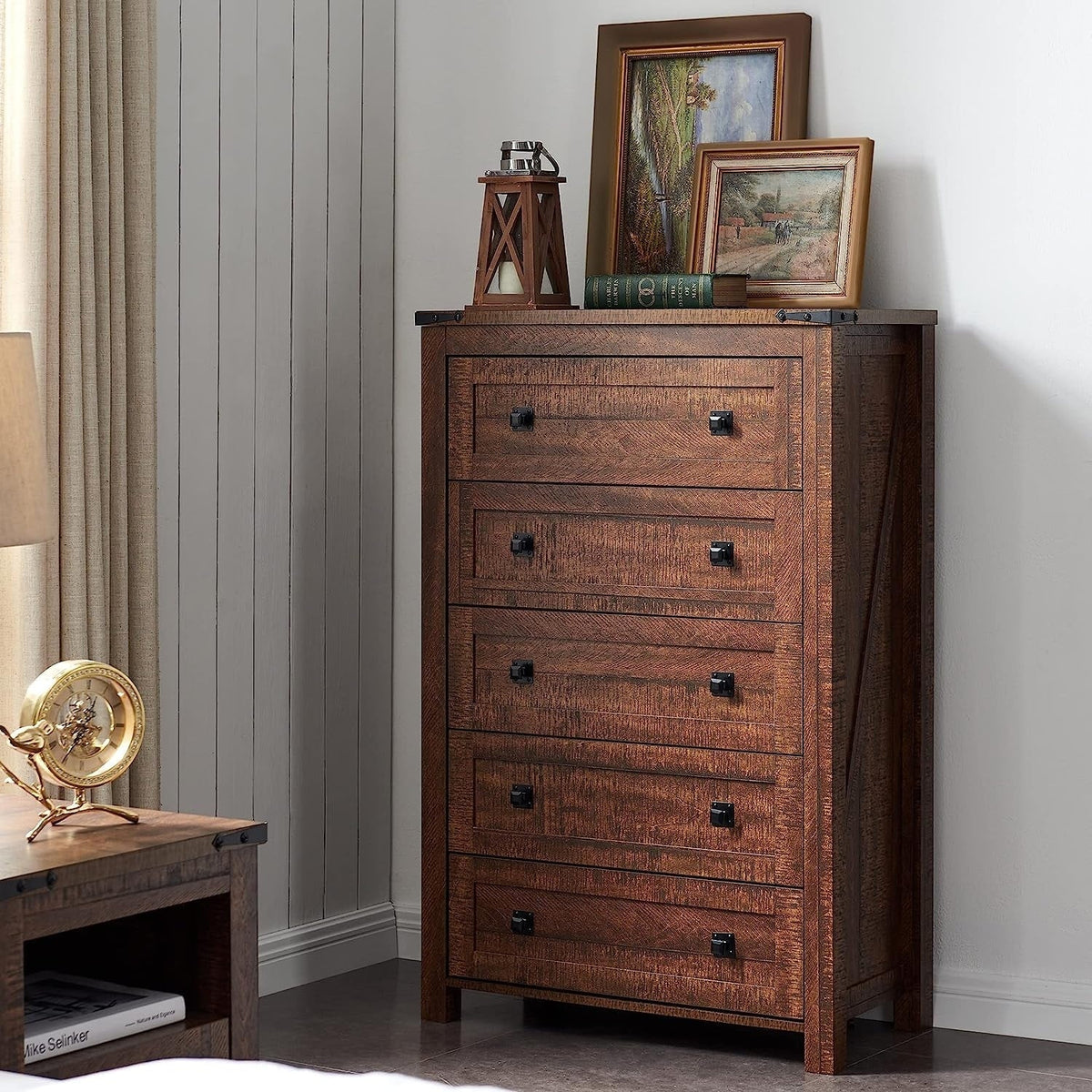 Commode en bois de style campagnard, 5 tiroirs, 122 cm de hauteur, pour chambre à coucher