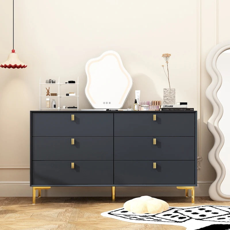 Commode 6 tiroirs en bois pour chambre à coucher avec rangement moderne doré