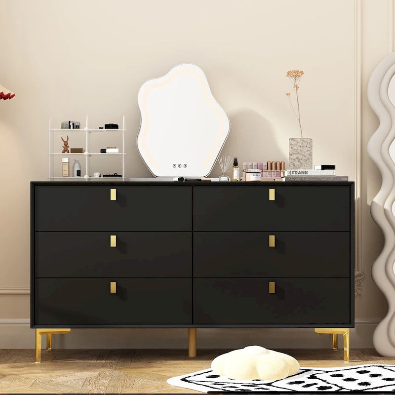 Commode 6 tiroirs en bois pour chambre à coucher avec rangement moderne doré