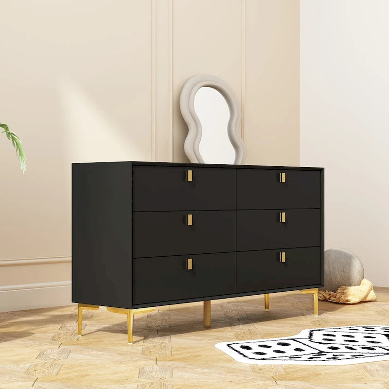 Commode 6 tiroirs en bois pour chambre à coucher avec rangement moderne doré