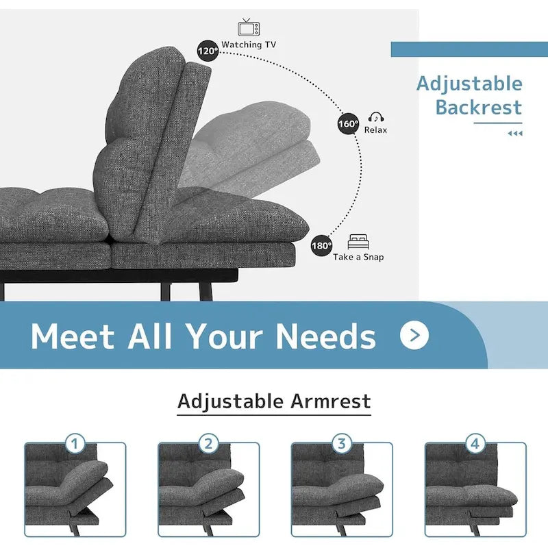 Canapé-lit futon, canapé convertible pliable en mousse à mémoire de forme avec accoudoirs réglables pour petits espaces